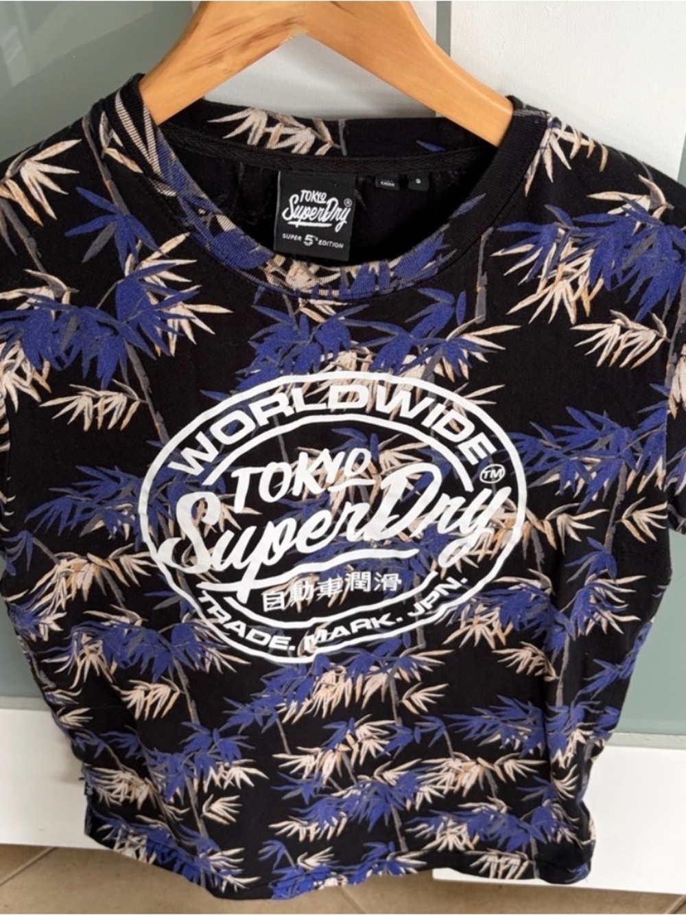 Superdry Black Tee with Blue and Cream Botanical Print